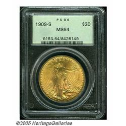 1909-S $20 MS64 PCGS. The apricot-gold surfaces a