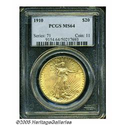 1910 $20 MS64 PCGS. Brilliant and lustrous with e