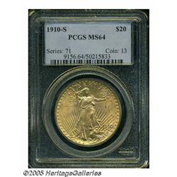 1910-S $20 MS64 PCGS. A lovely example with frost