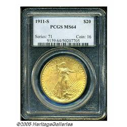 1911-S $20 MS64 PCGS. This apricot-gold specimen 