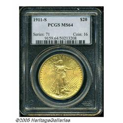 1911-S $20 MS64 PCGS. Fully brilliant and lustrou
