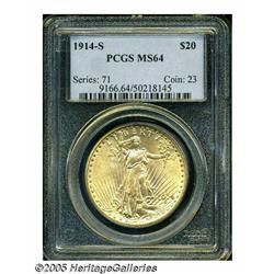 1914-S $20 MS64 PCGS. Sharply struck with bright,