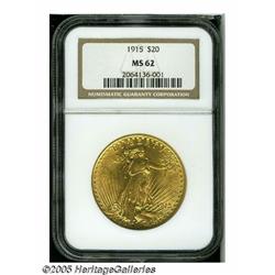 1915 $20 MS62 NGC. Bright yellow-gold surfaces re