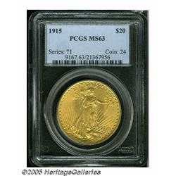 1915 $20 MS63 PCGS. Apricot colored and lustrous,