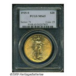 1915-S $20 MS65 PCGS. Highly lustrous surfaces di