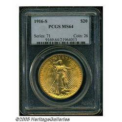 1916-S $20 MS64 PCGS. Deep honey-gold color tendi