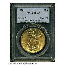 1920 $20 MS63 PCGS. The surfaces display apricot-