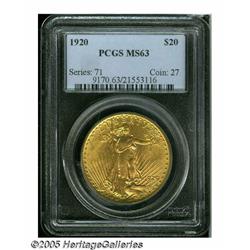 1920 $20 MS63 PCGS. Well struck with full, frosty