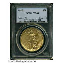 1922 $20 MS64 PCGS. Satiny luster with attractive