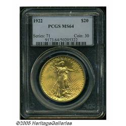 1922 $20 MS64 PCGS. Lustrous surfaces display pea