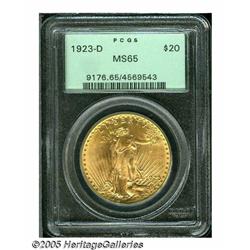 1923-D $20 MS65 PCGS. A well struck Gem that has 