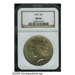 1922 S$1 MS66 NGC. Well struck and fully lustrous