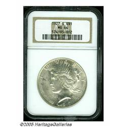 1927-S S$1 MS64 NGC. Bright satin luster and trac