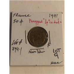 ERROR 1941 France 50 Centimes PLUGGED 4 in Date Uncirculated KM 894.1