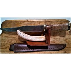 Wall Plaque Bowie Knife made from Craig Barr Damascus mounted on a Hippo Tooth & Bolivian Redwood di