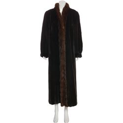 Black Sheared Full Length 52” Mink Coat with Black Fox Tuxedo fronts & Hood