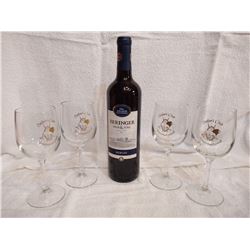 Set of Four Safari Club Logo Wine Glasses with one Bottle of Wine