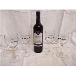 Set of Four Pathfinder Wine Glasses and One Bottle of Wine