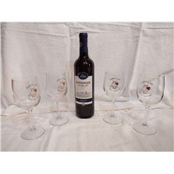 Set of Four Safari Club Logo Wine Glasses and One Bottle of Wine