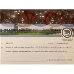 Breakfast for two in Sweetwater American Bistro or The Grille at the Grand Traverse Resport and Spa