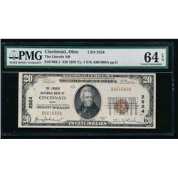 1929 $20 Cincinnati National Bank Note PMG 64EPQ