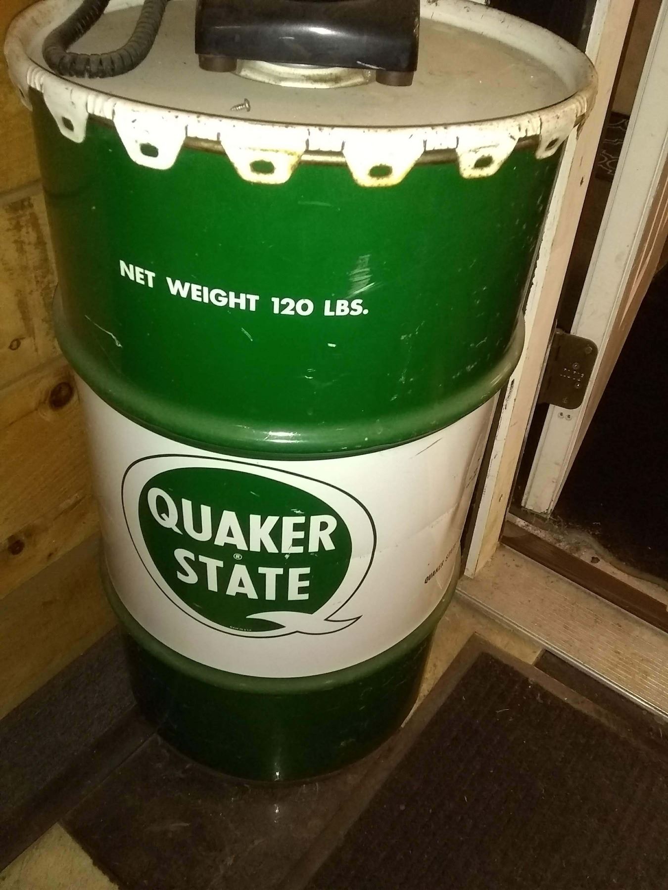Vintage Quaker State Oil Drum, Net Wt. 120 Lbs