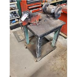 Bench Grinder / 6 Inch Vice / on Very Solid Metal Top Table, with Heavy Duty Casters