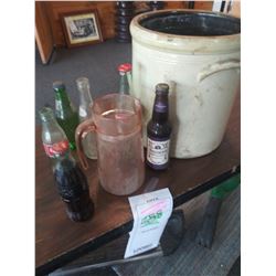 Large Crock, Glass Pitcher, Vintage Soda Bottles