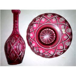 Genuine Handcut Lead Crystal Ruby Red Bottle and Bowl