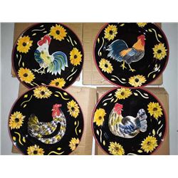 Set of Four Hand Painted Plates, Chickens w/ Sunflower Border