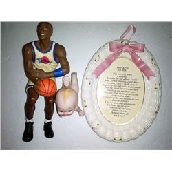 Bundle Lot: Michael Jordan "Tune Squad" Figurine, Porcelain Kewpie Baby, Ceramic Plaque