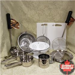 Tray Lot: Kitchenware (2 Cutting Boards, Stainless Steel Plates, Sifter, Ladle, Colanders, etc)