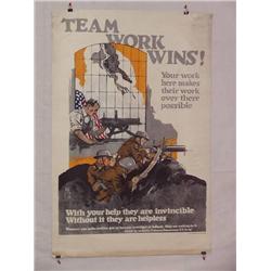  American WWI Poster, "Teamwork Wins!  Your Work 
