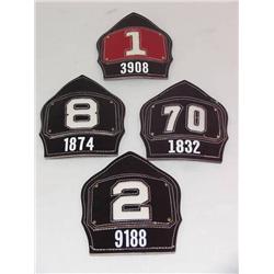 LOT (4) UNUSED CAIRNS FDNY LEATHER HELMET FRONTS;