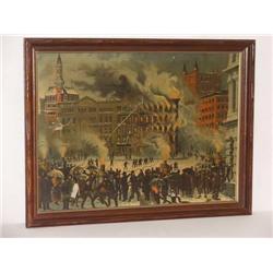 FRAMED LITHO ON CANVAS OF FIREMAN FIGHTING FIRE I