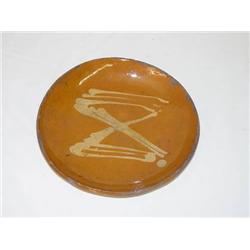  8 1/2 CT REDWARE PLATE W/ YELLOW SLIP X DECORATI