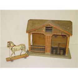  PAINT DECORATED GERMAN WOODEN STABLE W/ HORSE ON