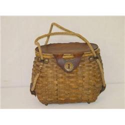  EARLY SPLINT BASKET BIRD CREEL W/ LEATHER MOUNTS