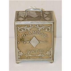  7 1/2 CAST IRON DIAMOND SAFE BANK W/ MULTIPLE 