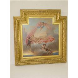  19TH CENT. OIL ON SHAPED WOOD PANEL OF ANGELIC W