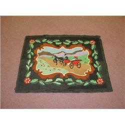  FIGURAL HOOKED RUG W/ HORSE & CARRIAGE;