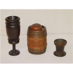  LOT (3) EARLY WOODEN WARE ITEMS: 6 PAINTED POWDE