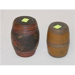  (2) EARLY WOODEN BARREL FORM CANISTERS: (1) NATU