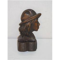  8 CARVED WOODEN INDIAN SCOUT WALL MATCH SAFE - I