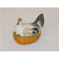  3 1/2 STAFFORDSHIRE BISQUE COVERED HEN ON NEST -