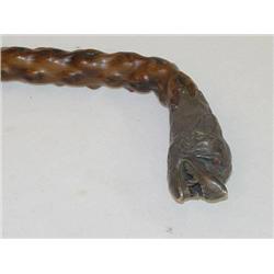  35 1/2 WOODEN CANE W/ STERLING WOLF FORM HANDLE 