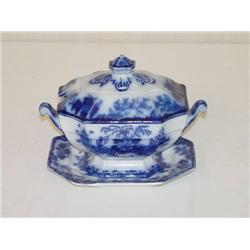  8 1/2 SCINDE FLOW BLUE 3 PC. SAUCE TUREEN BY ALC