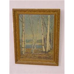  OIL ON ARTIST BOARD OF BIRCH TREES SIGNED WM. LA