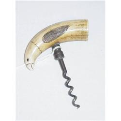 19TH CENT. SCRIMSHAWED WHALES TOOTH CORKSCREW IN