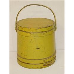  12 1/2 PAINTED WOODEN FIRKIN W/ OLDER MUSTARD PA